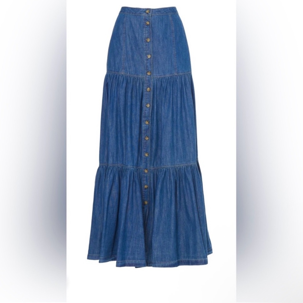 Women’s Blue Button-Front Tiered Denim Maxi Skirt - Picture 3 of 12